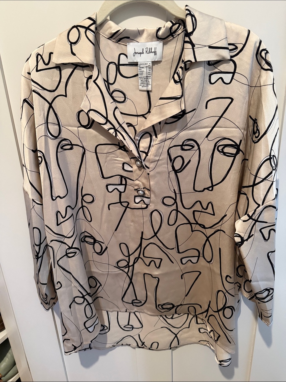 Joseph Ribkoff Beige Blouse with Black Abstract Face Line Print